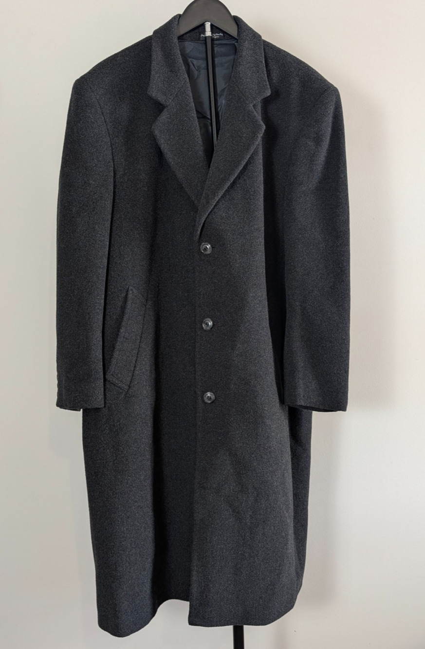 Vintage Overcoat Mens Charcoal Grey Cashmere Blend Notch Lapel Made in Bulgaria